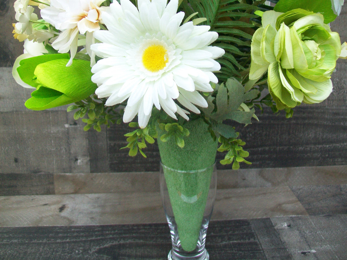 Spring Green White Beige Cemetery Cone Floral Arrangement for Gravesite