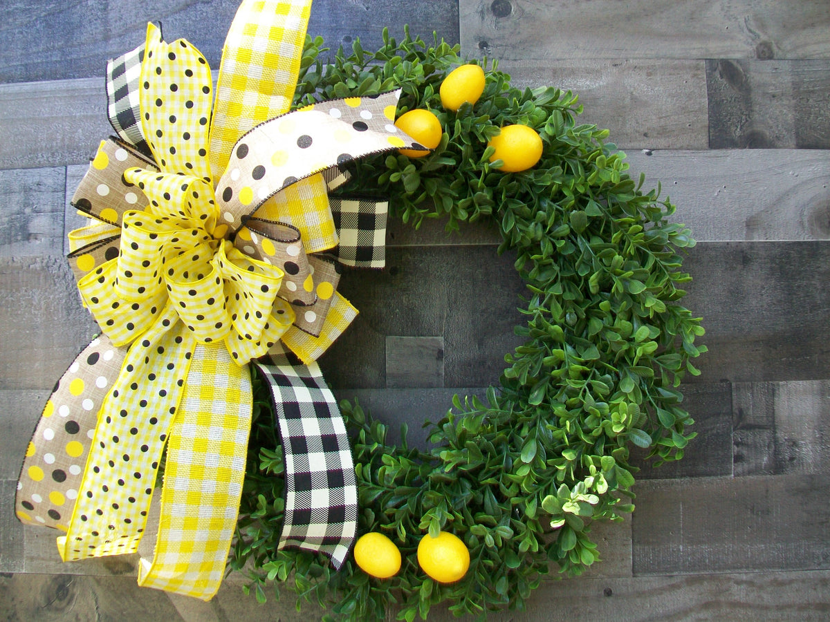 Spring Yellow Black Buffalo Plaid Boxwood Lemons Front Door Wreath with  Large Bow