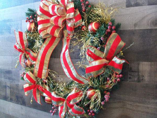 Red and Gold Pine Christmas Holiday Front Door Wreath