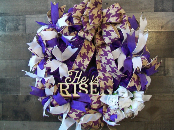 He is Risen Purple & White Easter Mesh Front Door Wreath