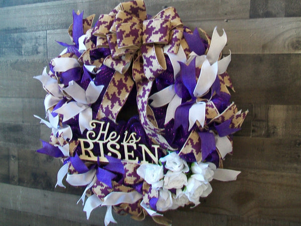 He is Risen Purple & White Easter Mesh Front Door Wreath