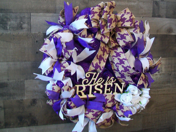 He is Risen Purple & White Easter Mesh Front Door Wreath