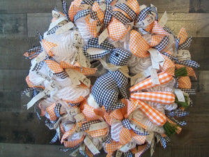 Orange & White Easter Wreath with Buffalo Check Bunny Rabbit