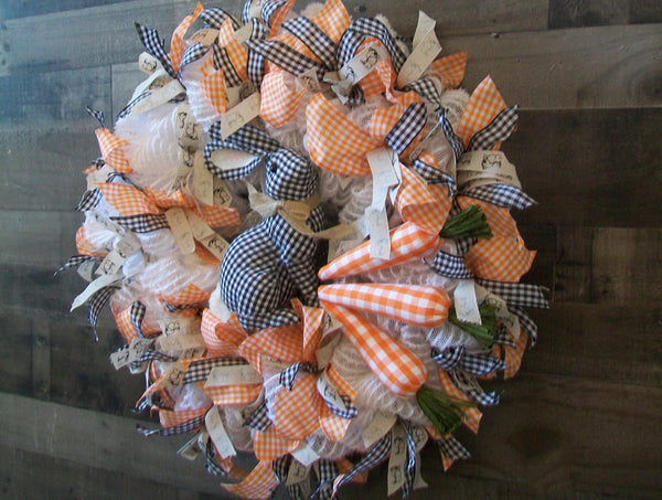 Orange & White Easter Wreath with Buffalo Check Bunny Rabbit