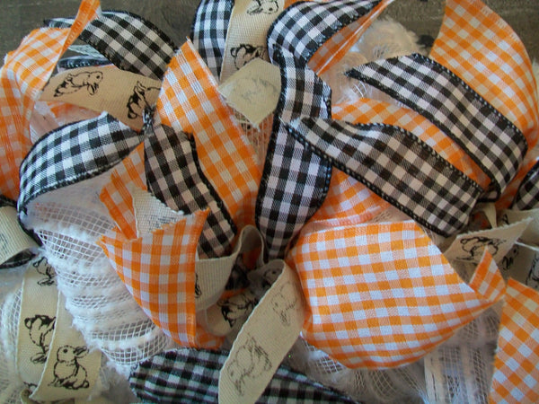 Orange & White Easter Wreath with Buffalo Check Bunny Rabbit