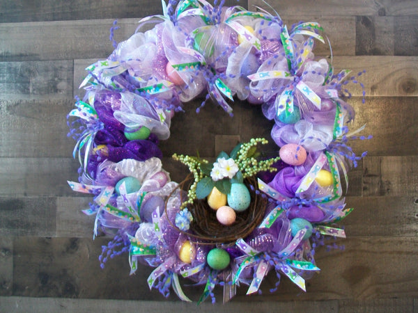 Purple & Lavender Easter Egg Mesh Wreath with Basket