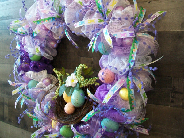 Purple & Lavender Easter Egg Mesh Wreath with Basket