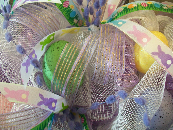 Purple & Lavender Easter Egg Mesh Wreath with Basket