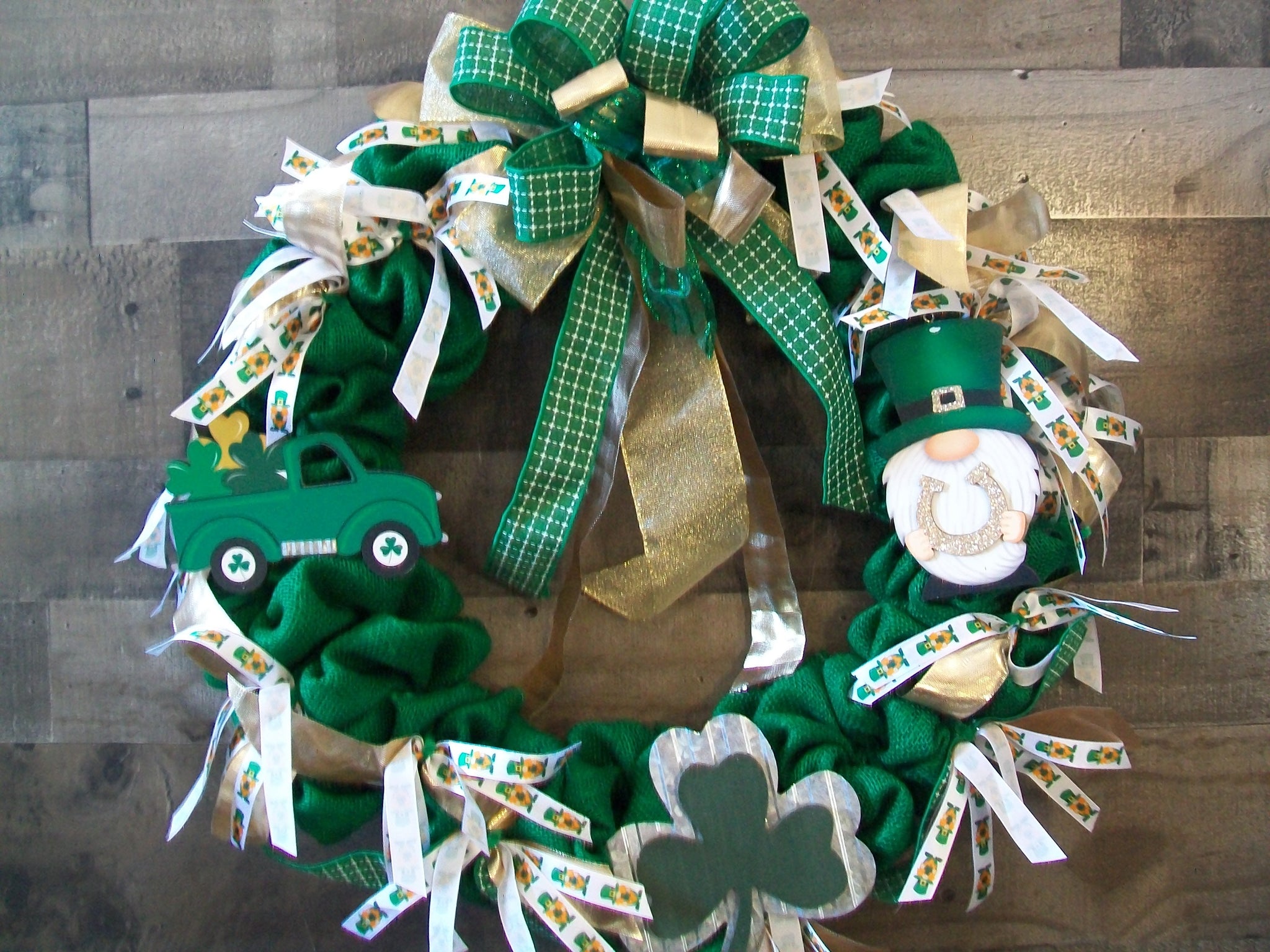 Green & Gold Saint Patrick's Day Burlap Truck Gnome Front Door Wreath