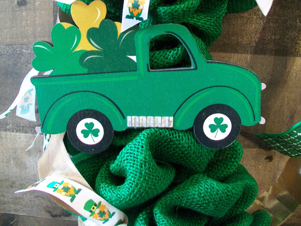 Green & Gold Saint Patrick's Day Burlap Truck Gnome Front Door Wreath