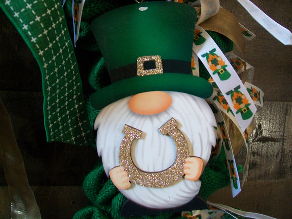 Green & Gold Saint Patrick's Day Burlap Truck Gnome Front Door Wreath