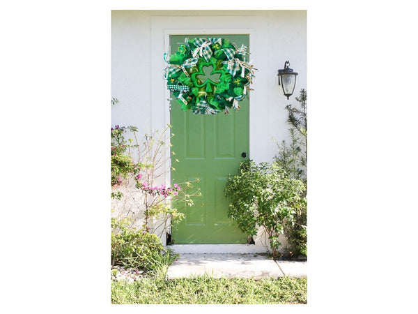 Green & White Shamrock Saint Patrick's Day Front Door Mesh Wreath