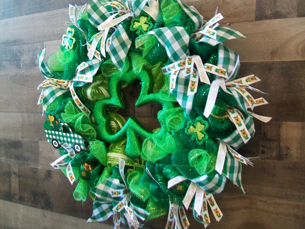 Green & White Shamrock Saint Patrick's Day Front Door Mesh Wreath