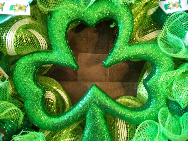 Green & White Shamrock Saint Patrick's Day Front Door Mesh Wreath