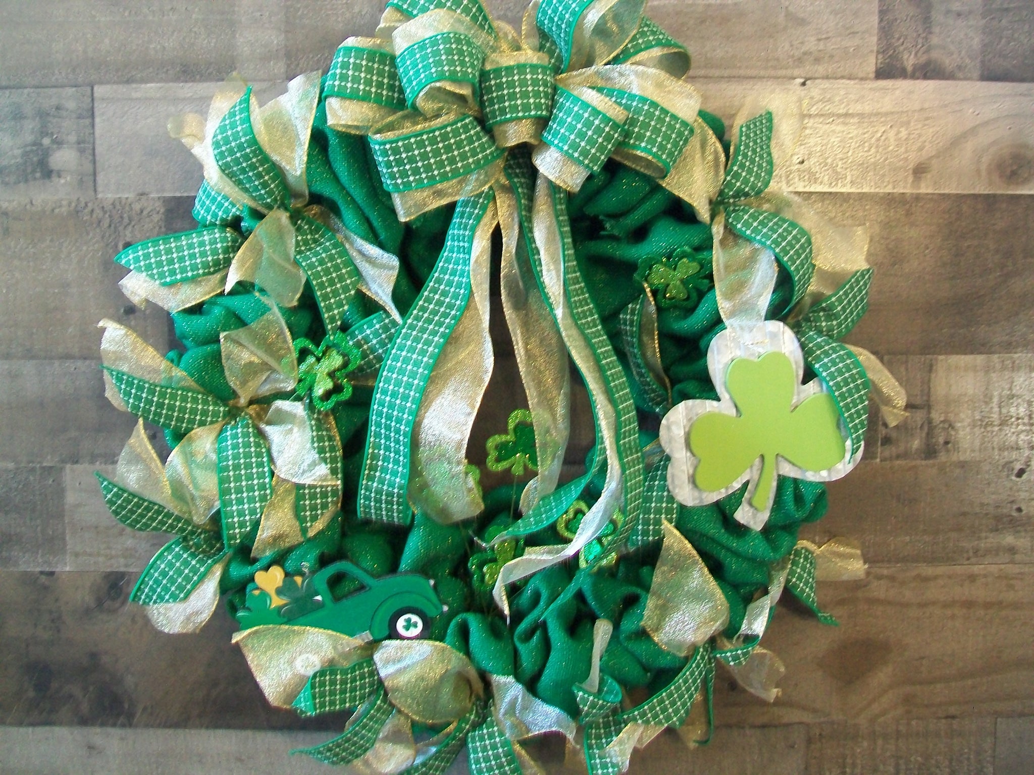 Green & Gold Shamrock Truck Burlap Saint Patrick's Day Wreath with Large Bow