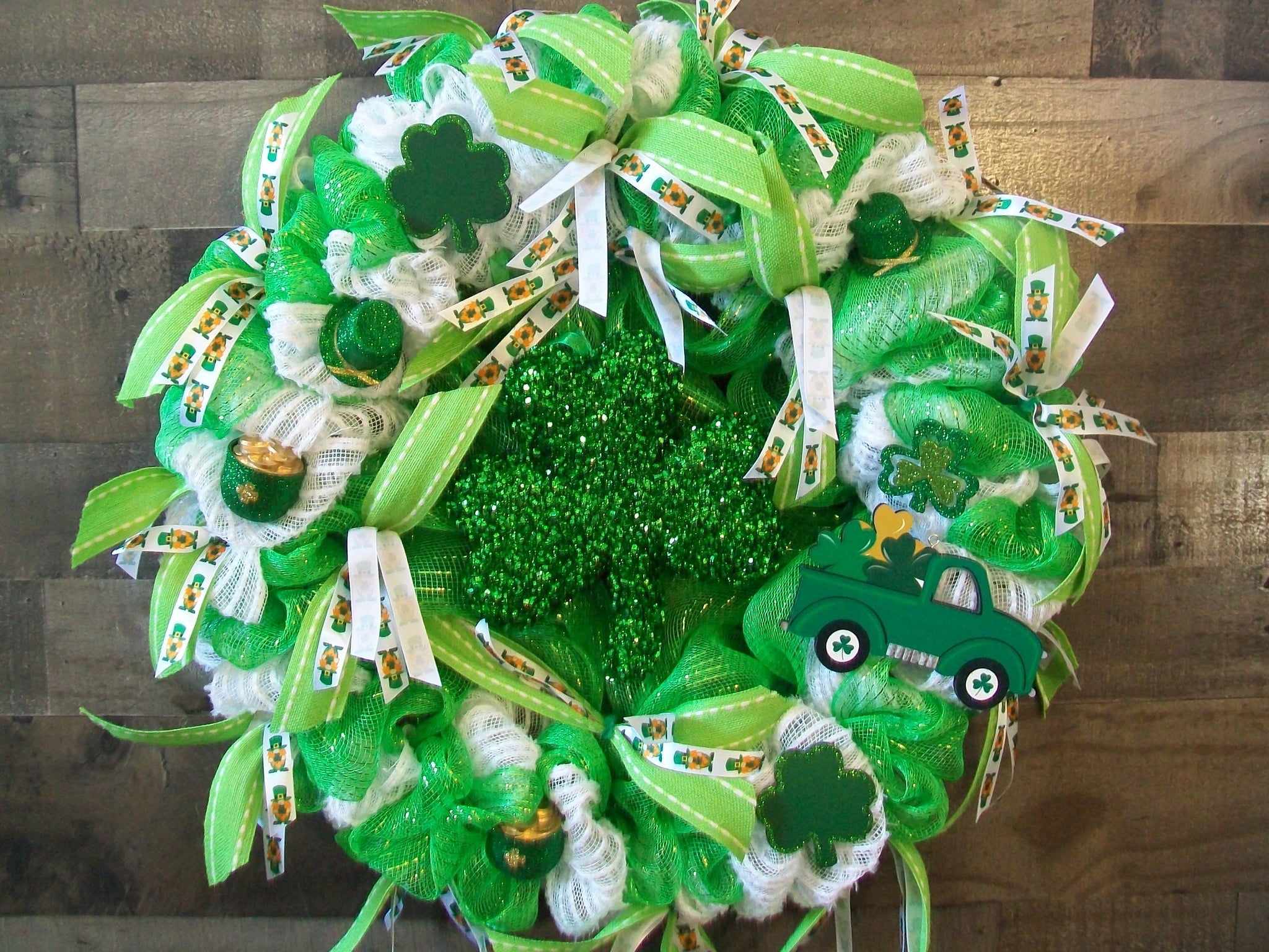 Large Green & White Saint Patrick's Day Glittered Shamrock Mesh Wreath