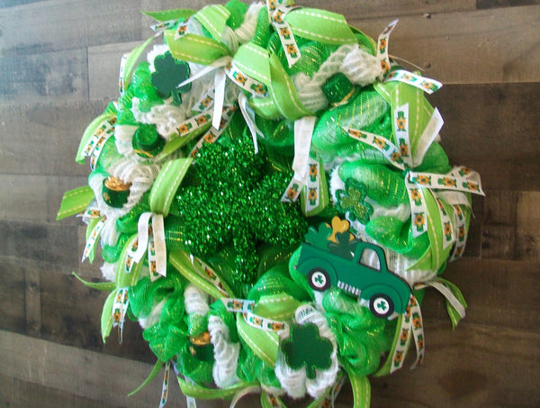 Large Green & White Saint Patrick's Day Glittered Shamrock Mesh Wreath