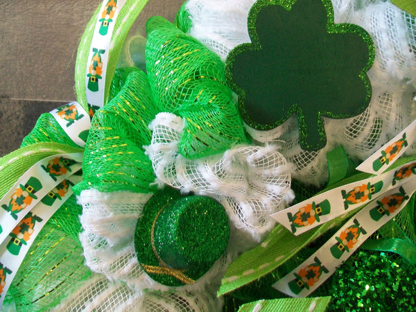 Large Green & White Saint Patrick's Day Glittered Shamrock Mesh Wreath