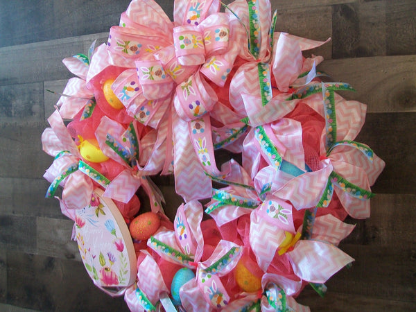 Bunny Kisses Pink & White Easter Egg Mesh Front Door Wreath