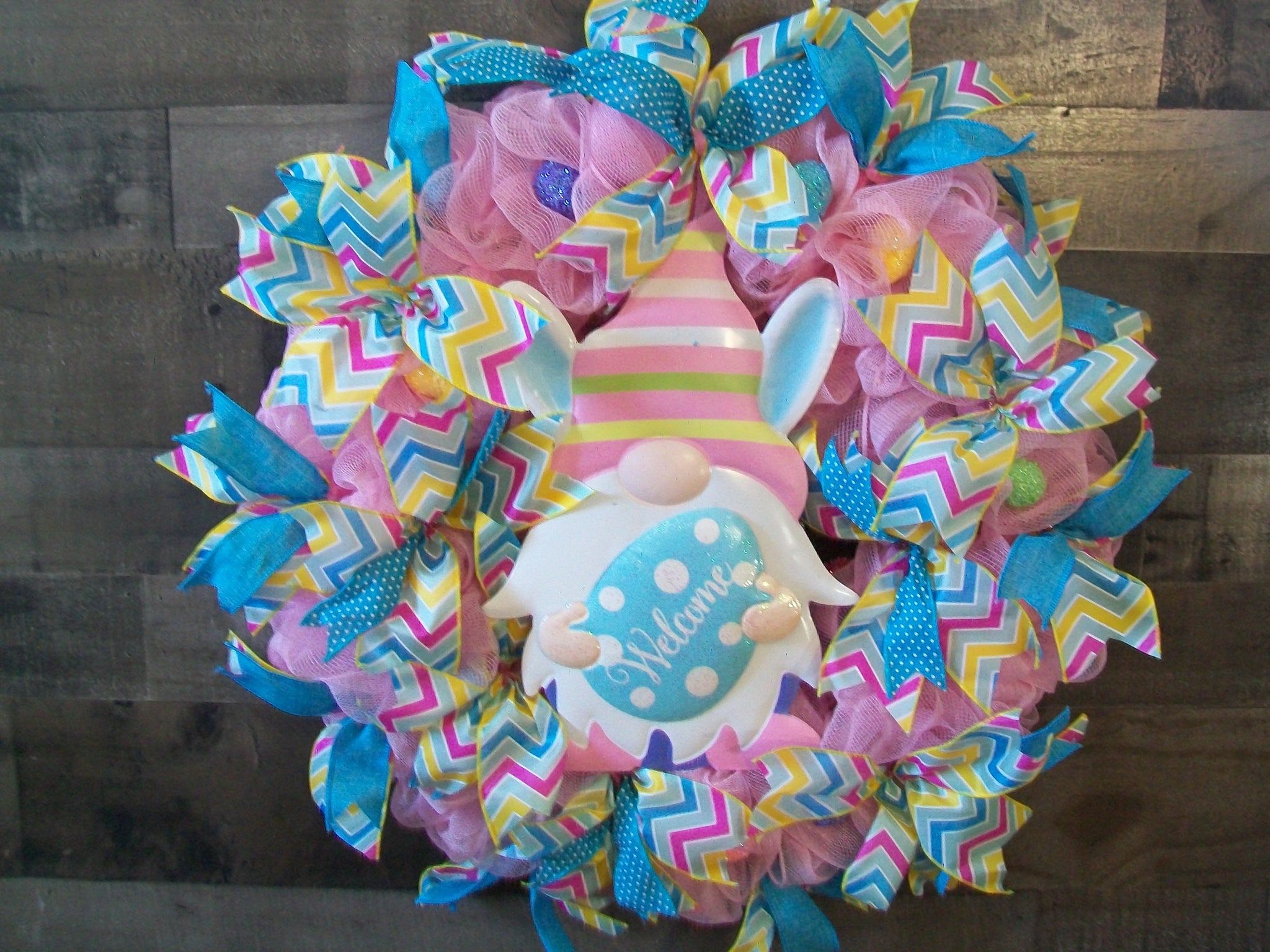 Colorful Welcome Easter Gnome Mesh Front Door Wreath