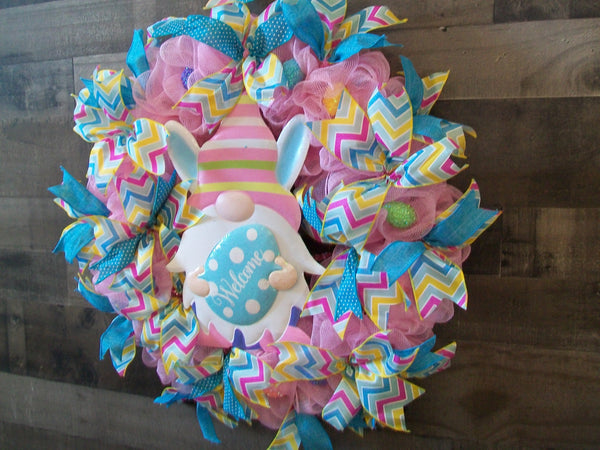 Colorful Welcome Easter Gnome Mesh Front Door Wreath