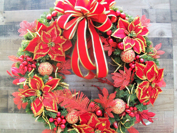 Extral Large 36-Inch Pine Decorated Red Gold Poinsettias Christmas Wreath