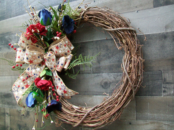 Red White & Blue Patriotic 4th of July Grapevine Wreath with Burlap Bow